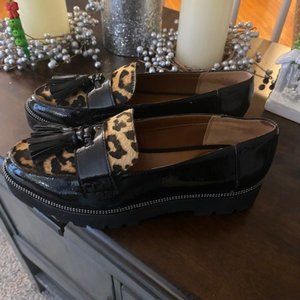 Women"s Franco Sarto Black Patent and Leopard Loafers